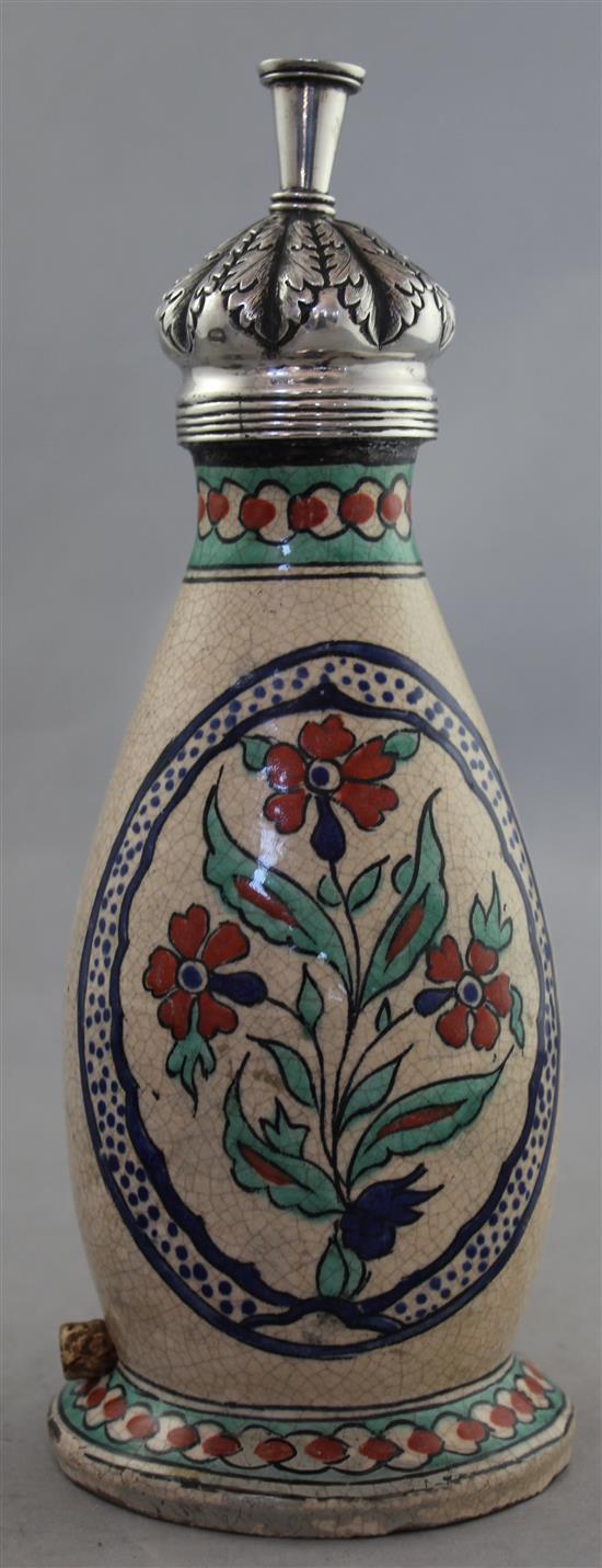 A Turkish pottery silver topped rosewater sprinkler, later 19th / early 20th century, 25cm